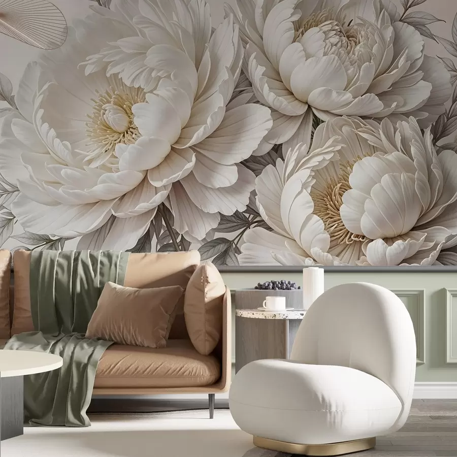 murales de pared Delicadas peonías blancas pastel con exuberante follaje sobre un fondo suave y neutro w08420