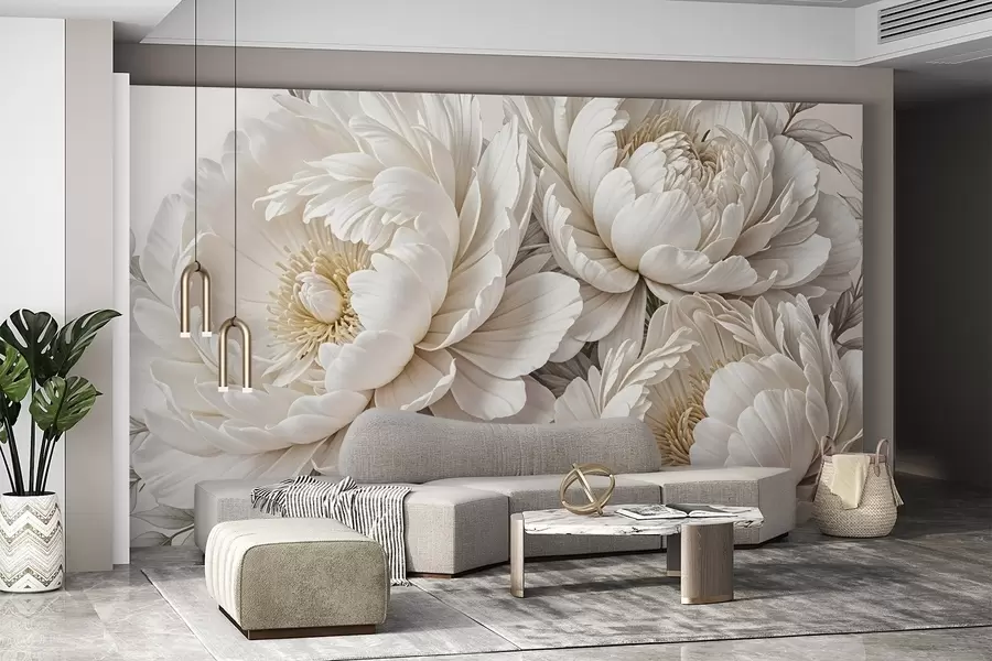 murales de pared Delicadas peonías blancas pastel con exuberante follaje sobre un fondo suave y neutro w08420