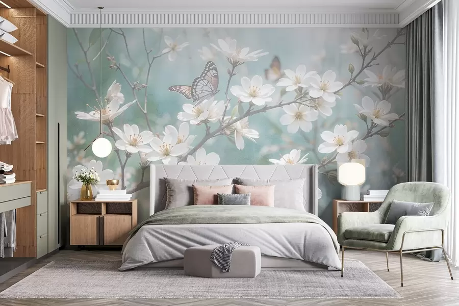 murales de pared Una mariposa blanca sobre una rama con delicadas flores blancas de cerezo en primer plano sobre un fondo difuminado w08421