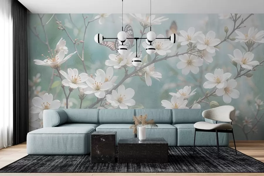Murales de pared Una mariposa blanca sobre una rama con delicadas flores blancas de cerezo en primer plano sobre un fondo difuminado w08421 murales de pared Una mariposa blanca sobre una rama con delicadas flores blancas de cerezo en primer plano sobre un fondo difuminado w08421