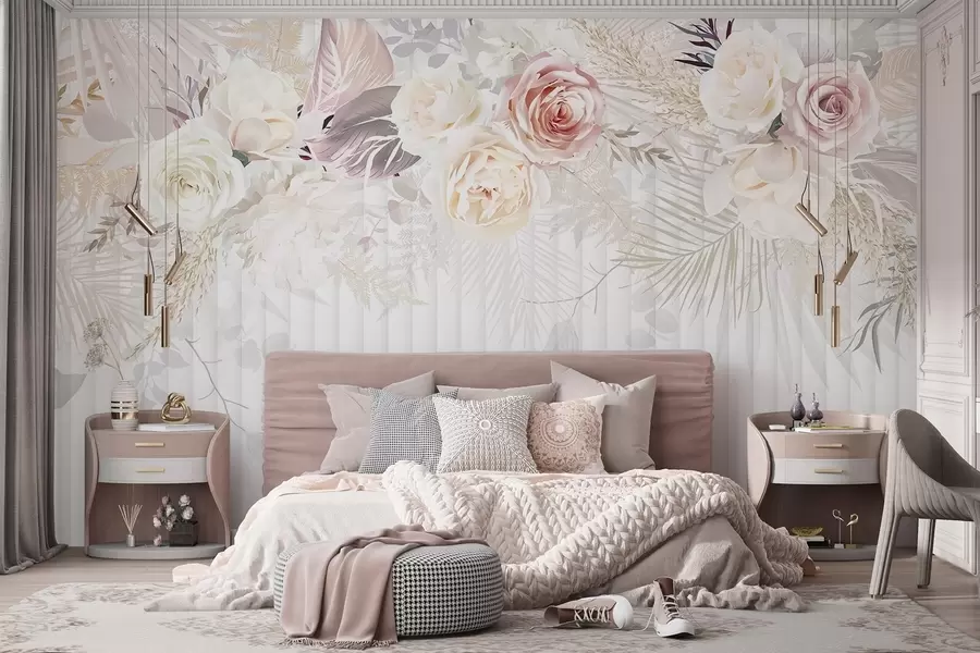 murales de pared Arreglo floral con rosas rosas y blancas, hojas de palmera y otros follajes tropicales sobre fondo blanco w08425