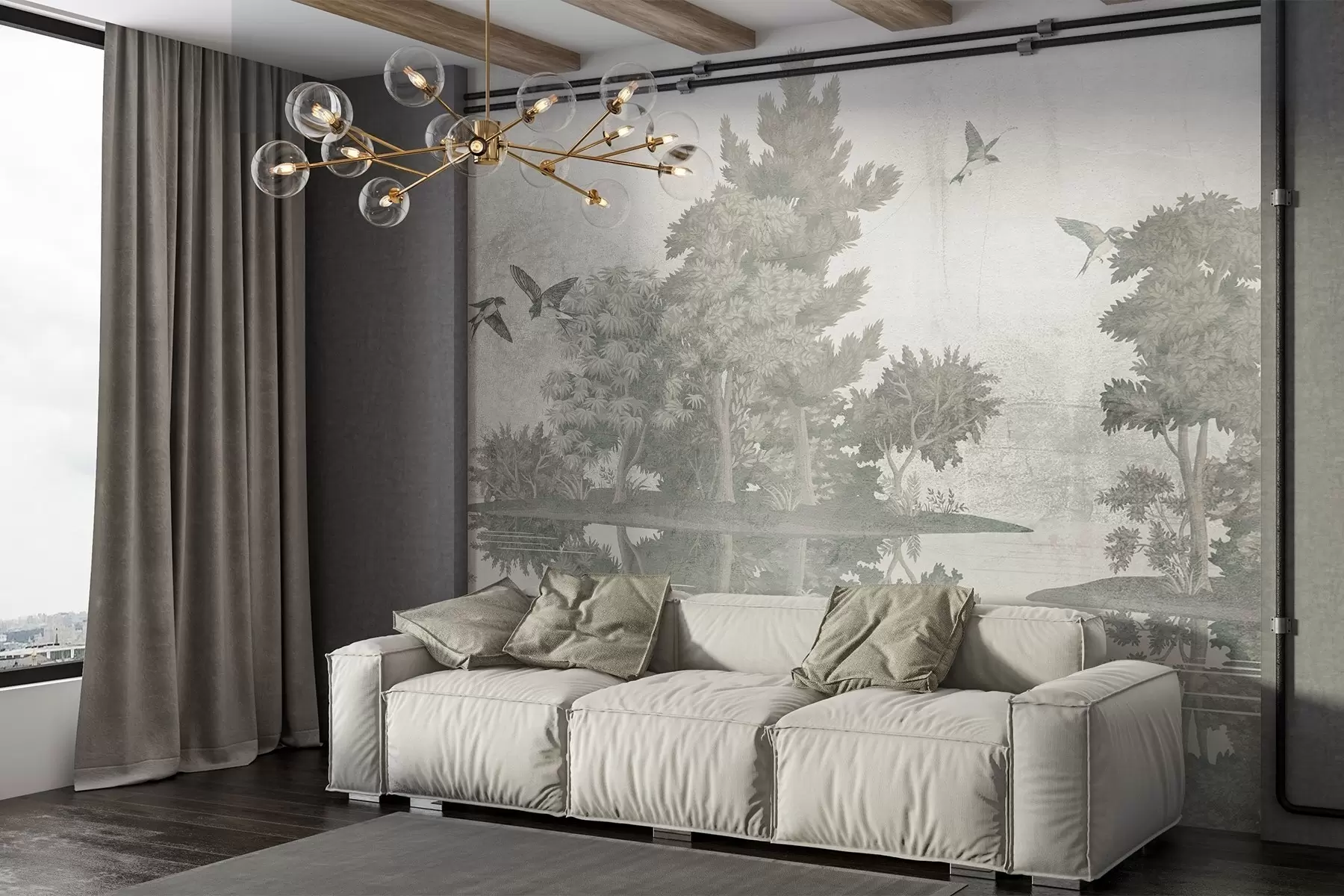 murales de pared Impresión de un paisaje forestal con un lago rodeado de pinos y otro follaje sobre un fondo verde texturizado w08426v1