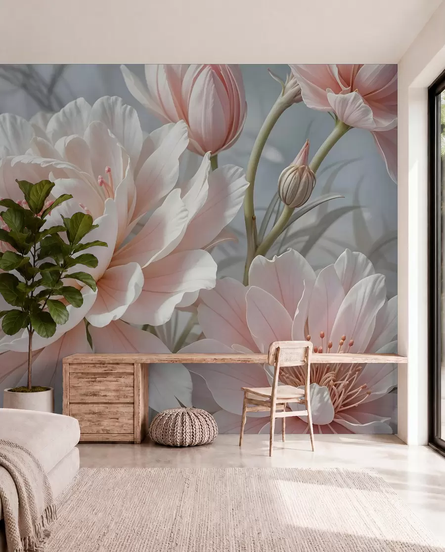 murales de pared Grandes y delicadas flores de peonía blancas y rosas con pétalos suaves y esponjosos sobre un fondo gris difuminado w08427