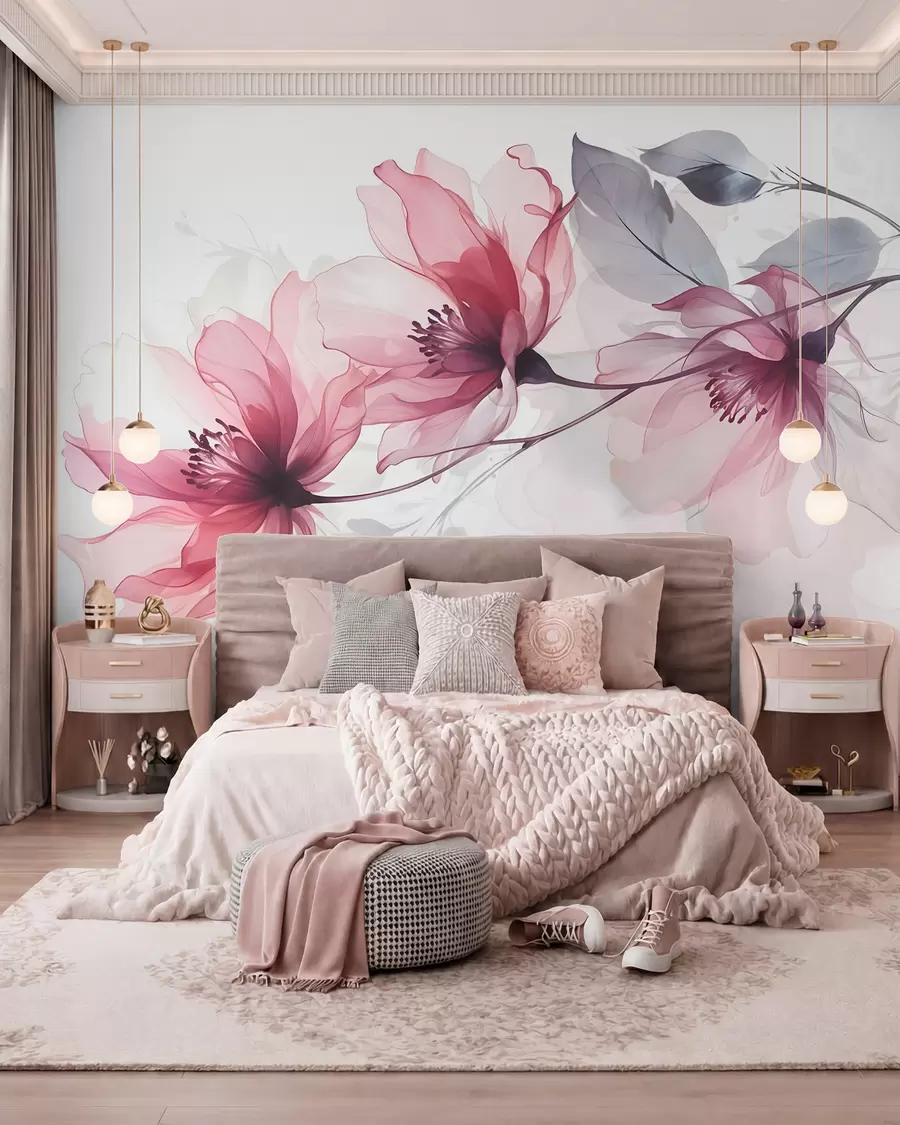 murales de pared Delicadas flores transparentes rosas y grises con pétalos suaves y difuminados sobre fondo blanco w08429