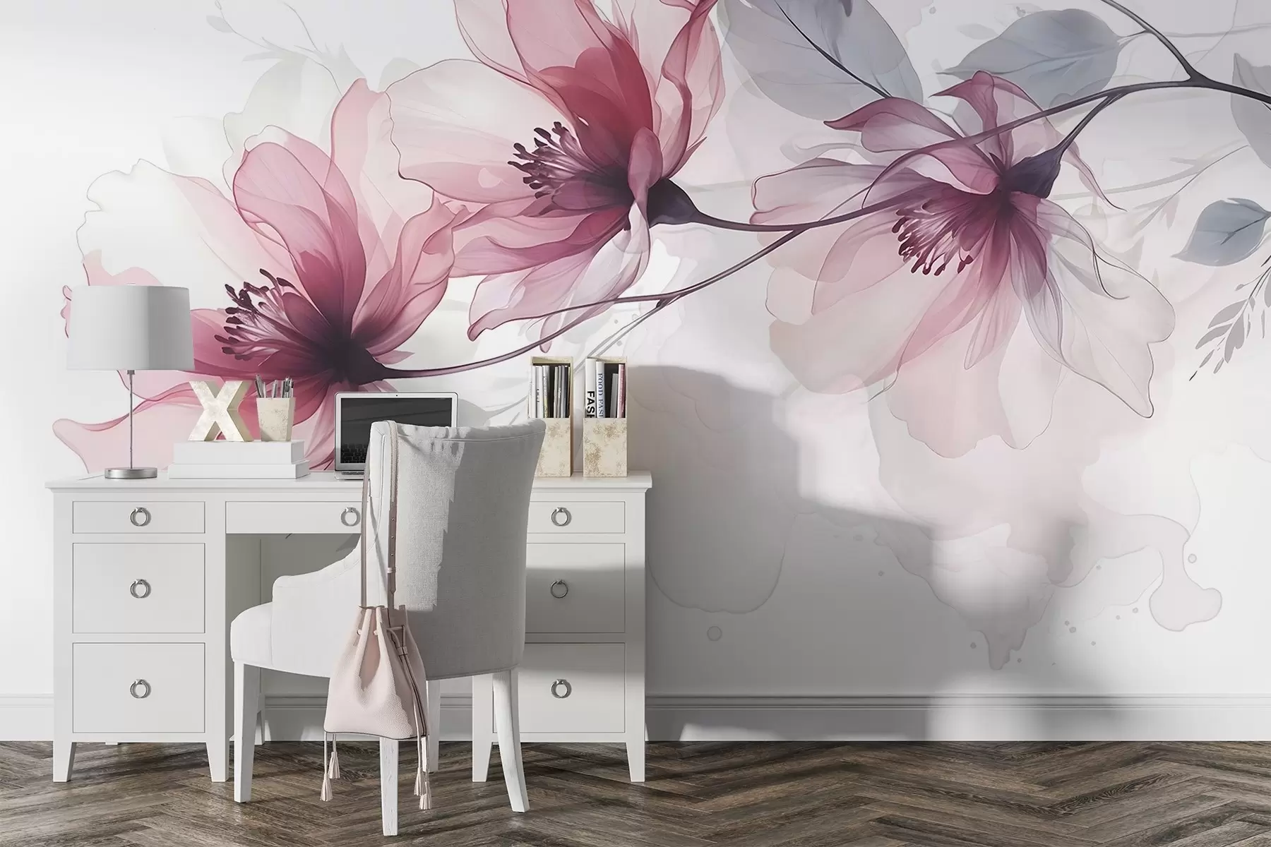 murales de pared Delicadas flores transparentes rosas y grises con pétalos suaves y difuminados sobre fondo blanco w08429