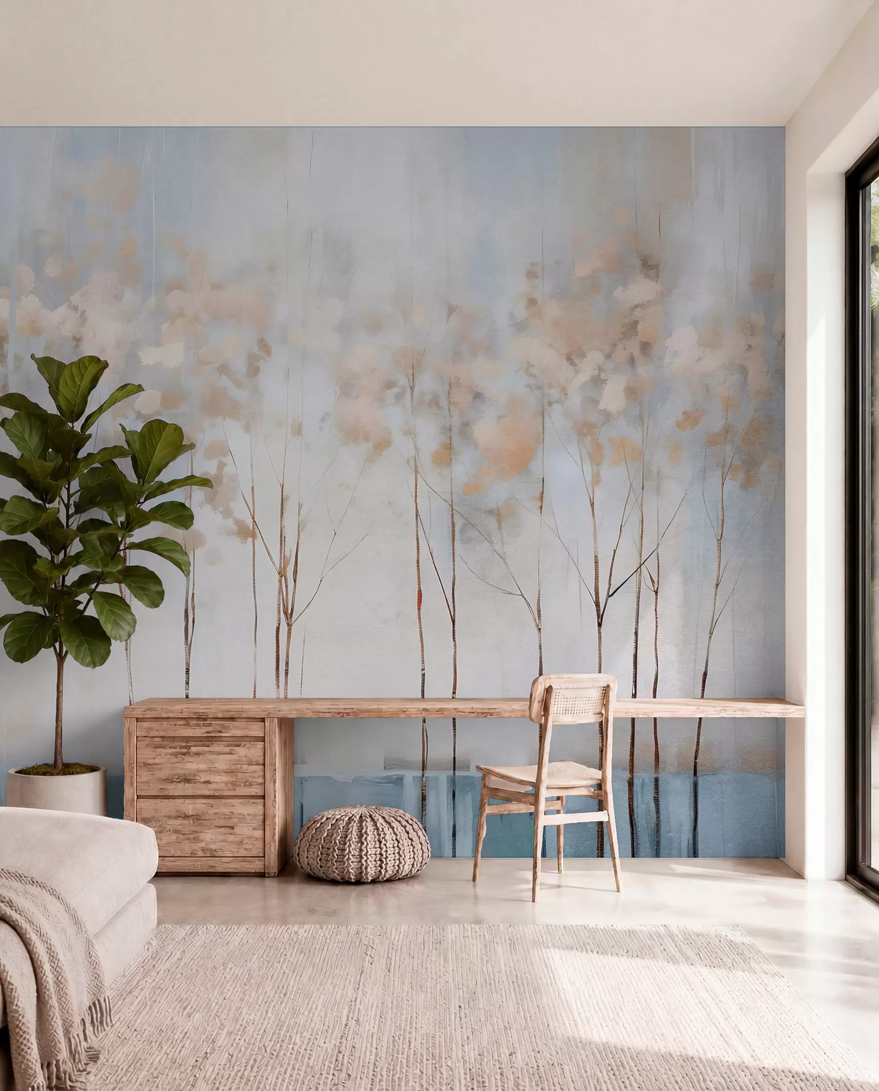 murales de pared Árboles desnudos en pastel abstracto borrosa paisaje minimalista de invierno con un fondo suave y brumoso w08430