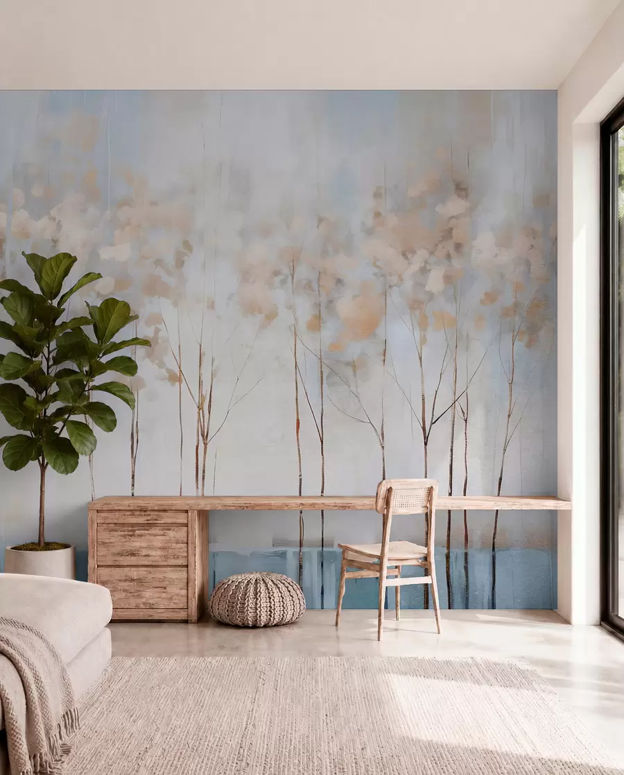 murales de pared Árboles desnudos en pastel abstracto borrosa paisaje minimalista de invierno con un fondo suave y brumoso w08430