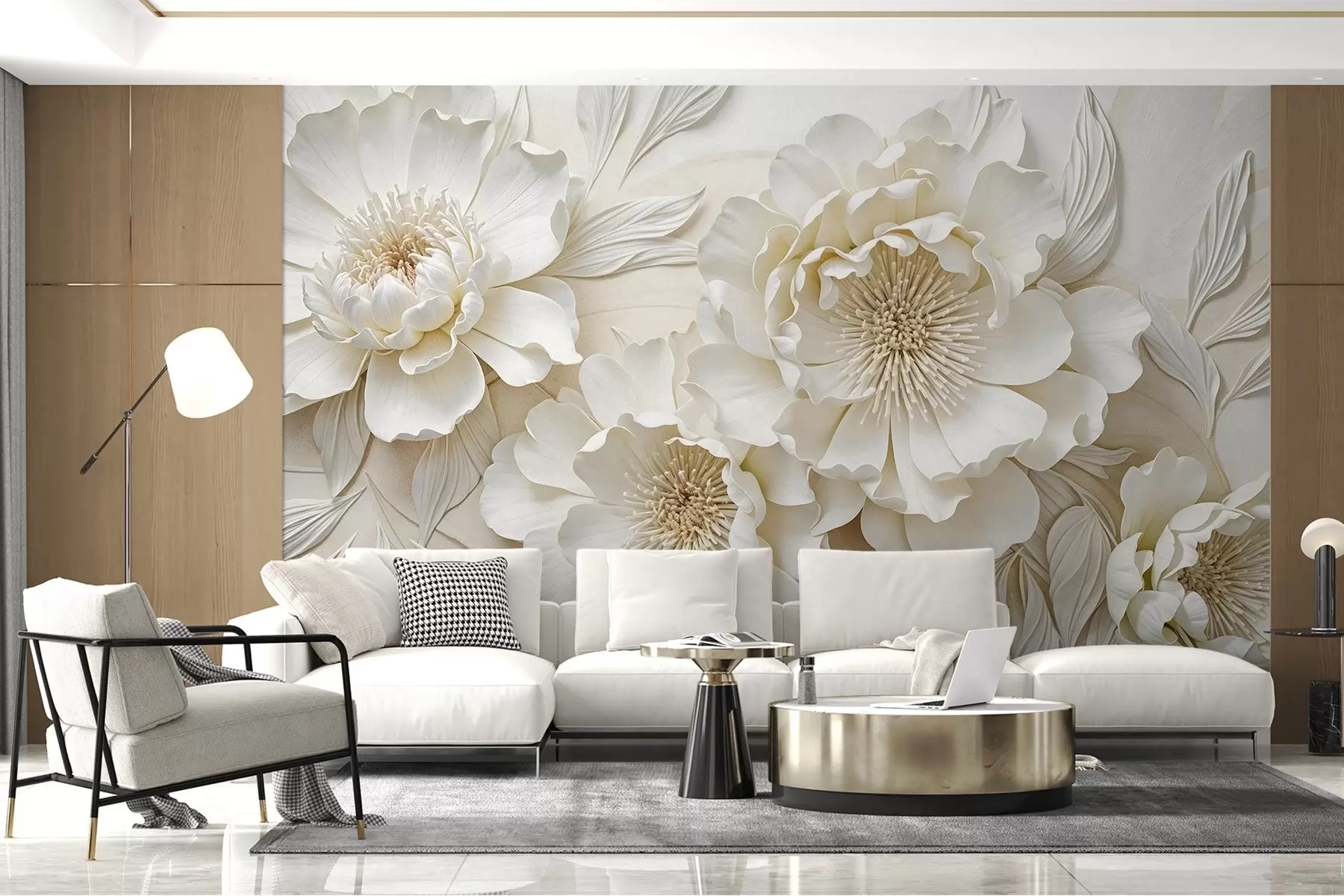 murales de pared Elegantes y voluminosas flores de imitación de peonía blanca con suaves pétalos y centros amarillo pastel, sobre un fondo claro w08431