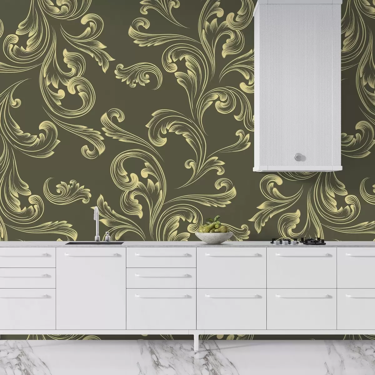 Murales de pared Damasco, ornamento monograma, tinte verde w02247 murales de pared Damasco, ornamento monograma, tinte verde w02247