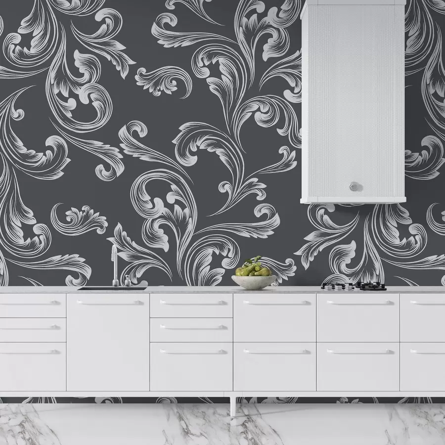 Murales de pared Damasco, adorno monograma, tono gris w02247v1 murales de pared Damasco, adorno monograma, tono gris w02247v1