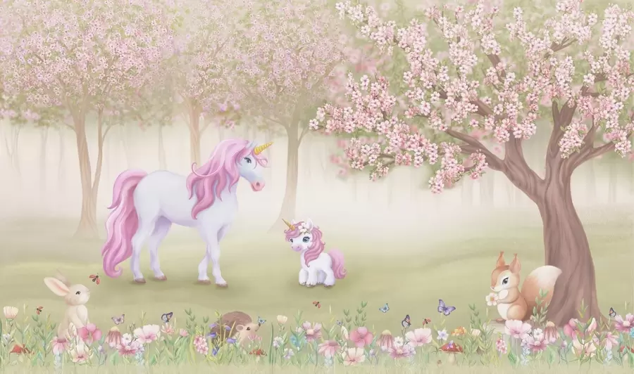murales de pared Unicornios en un bosque mágico con animales w02269