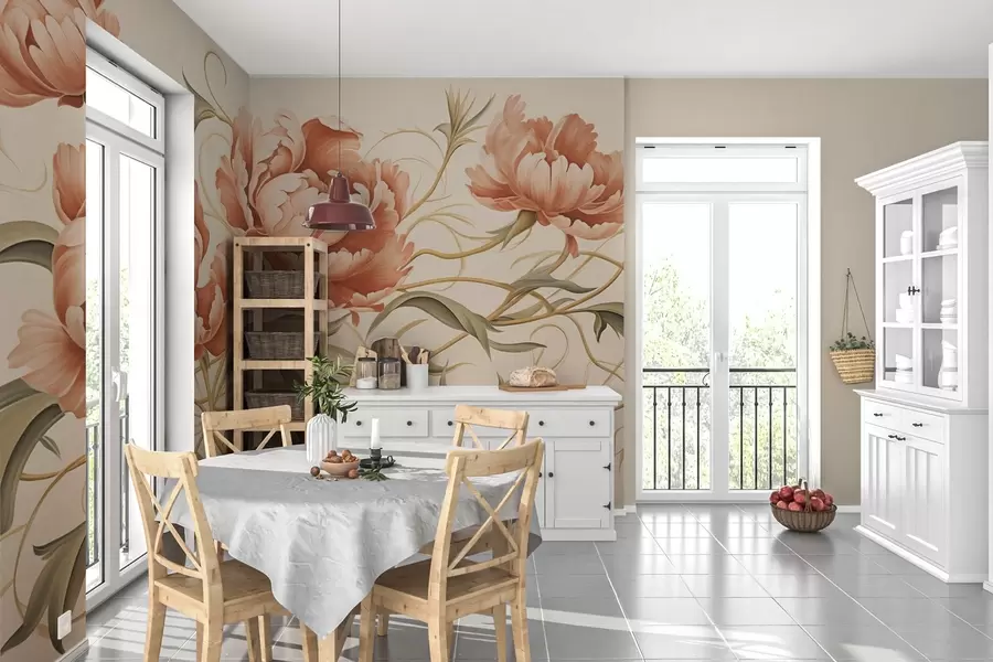 Murales de pared Peonías de moda con hojas retorcidas w02297 murales de pared Peonías de moda con hojas retorcidas w02297