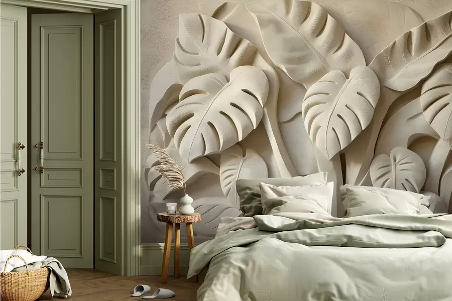 murales de pared Bajorrelieve de grandes hojas de monstera w02312