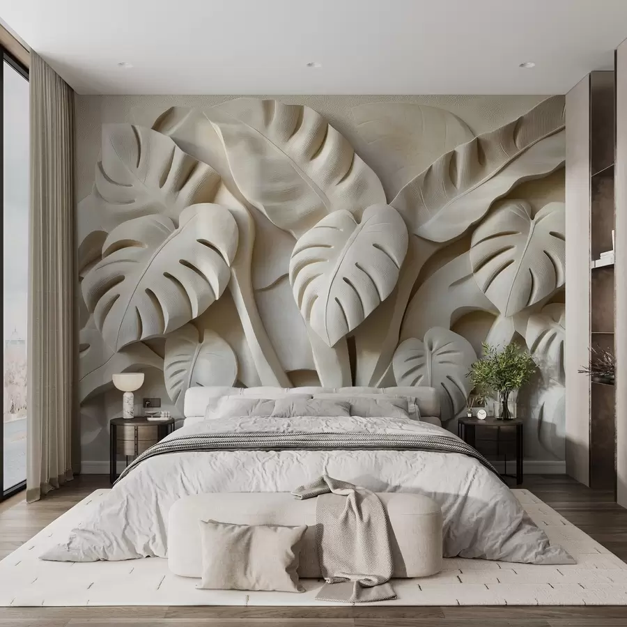 murales de pared Bajorrelieve de grandes hojas de monstera w02312