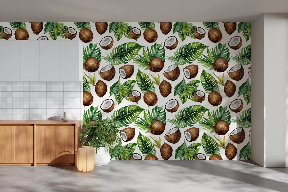 Murales de pared estampado tropical con cocos y hojas w02293 murales de pared estampado tropical con cocos y hojas w02293