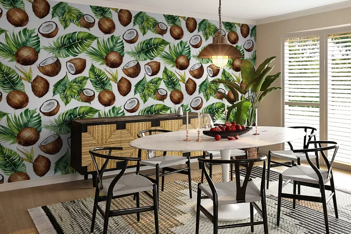 Murales de pared estampado tropical con cocos y hojas w02293 murales de pared estampado tropical con cocos y hojas w02293