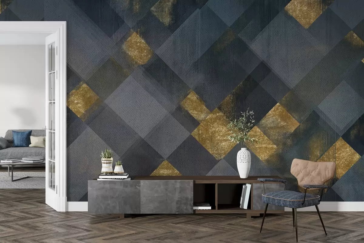 murales de pared geometría moderna en un estilo lujoso con tintes azules w02340