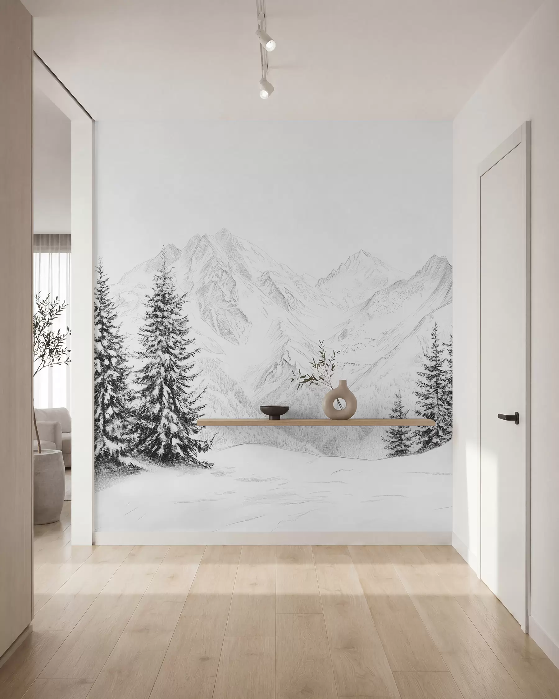 murales de pared Montañas nevadas, dibujo a lápiz, minimalismo, bosque, naturaleza w02351