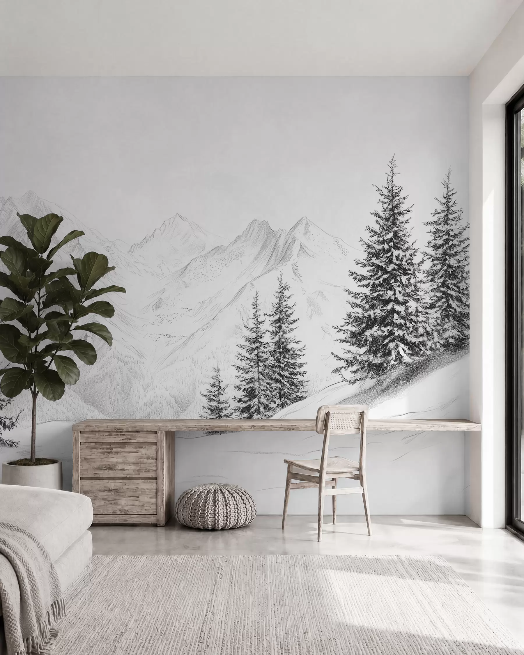 murales de pared Montañas nevadas, dibujo a lápiz, minimalismo, bosque, naturaleza w02351
