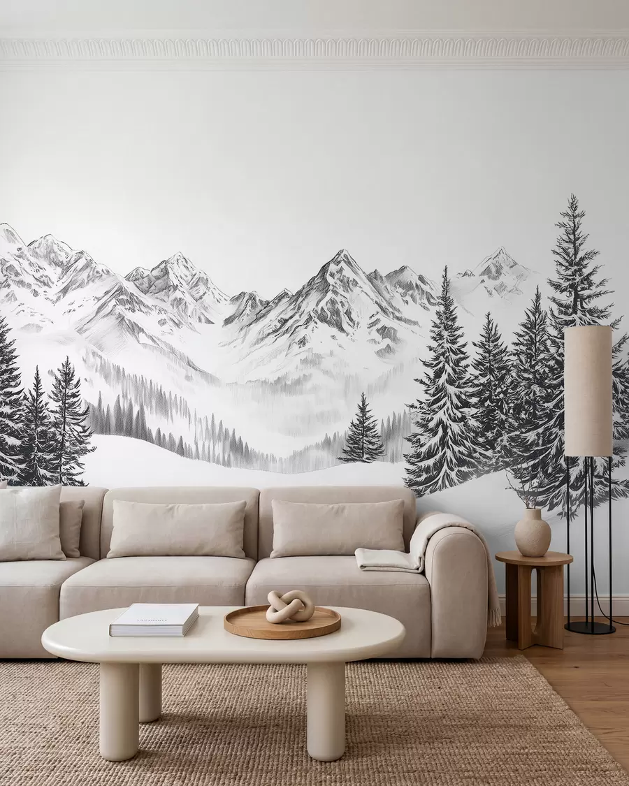 murales de pared Montañas alpinas en la nieve, estilo lápiz, minimalismo w02352
