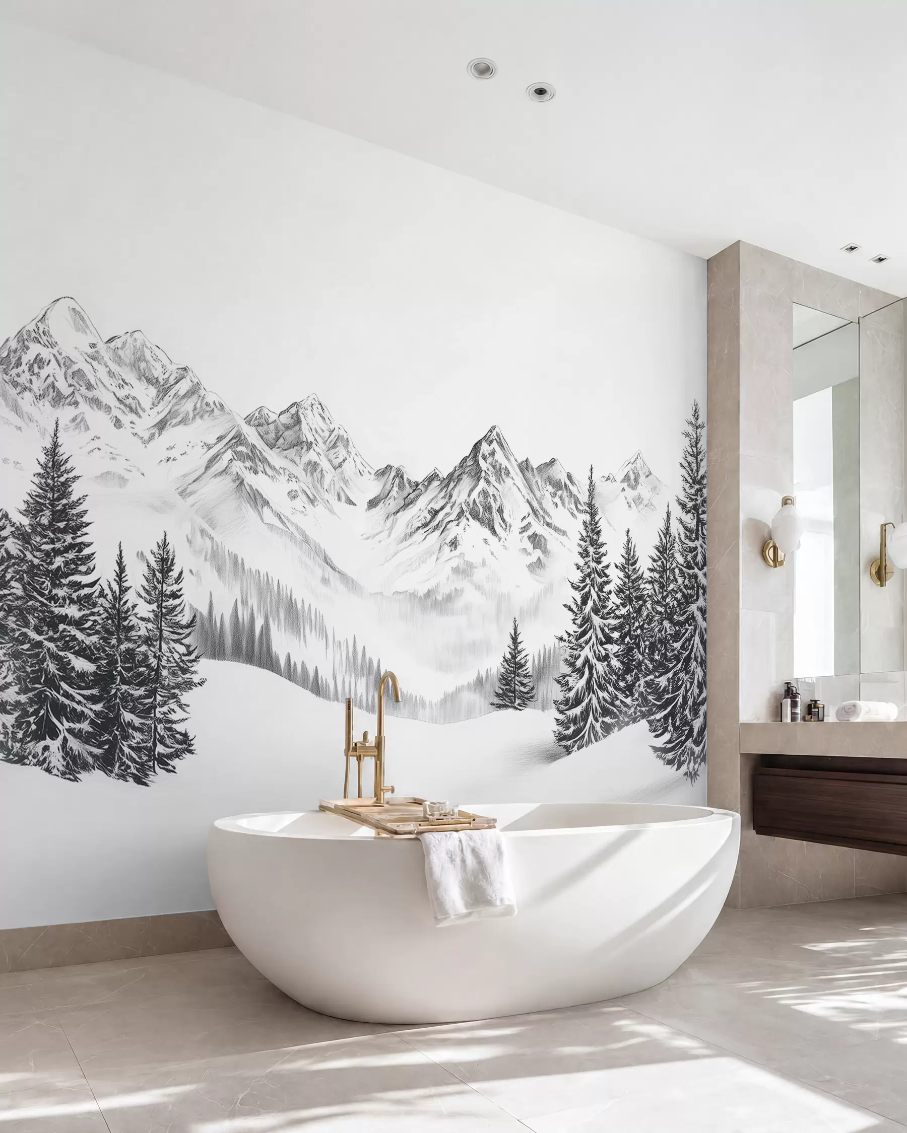 murales de pared Montañas alpinas en la nieve, estilo lápiz, minimalismo w02352