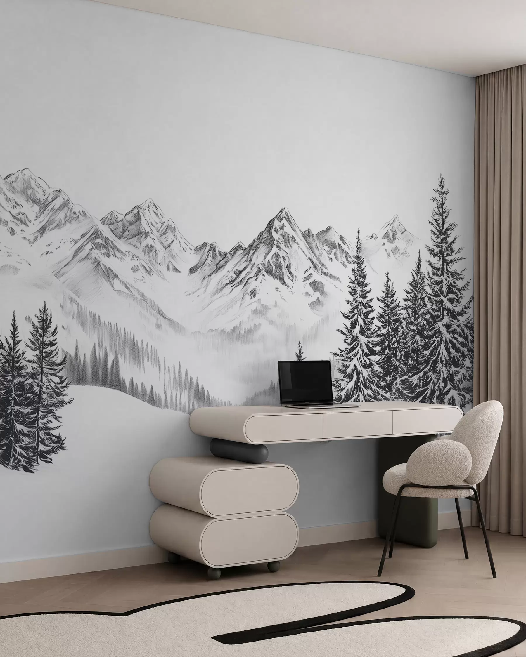 murales de pared Montañas alpinas en la nieve, estilo lápiz, minimalismo w02352