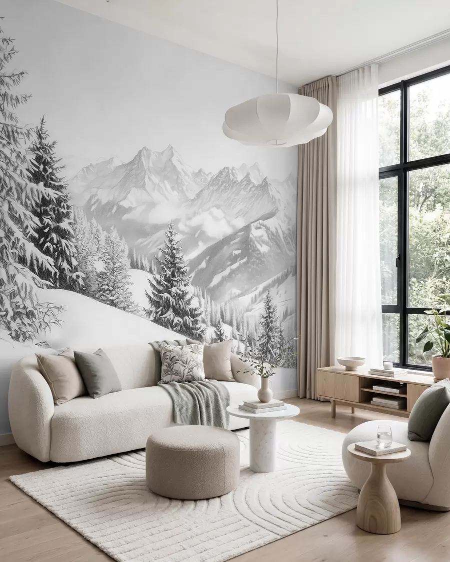 murales de pared Invierno en las montañas, bosque, Alpes, dibujo a lápiz, paisajes de naturaleza w02353