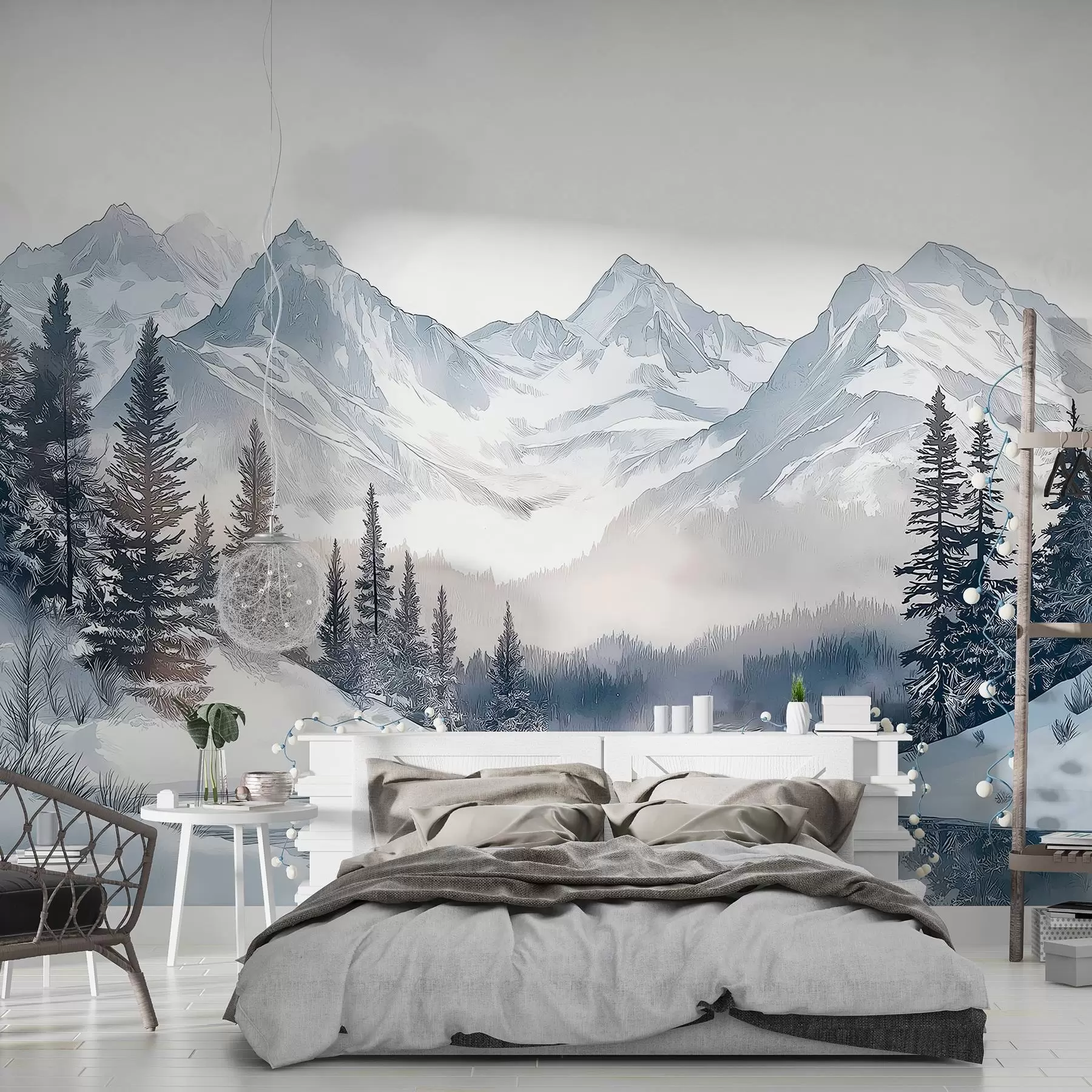 murales de pared Montañas con lago, invierno, bosque, cielo al atardecer, naturaleza w02357