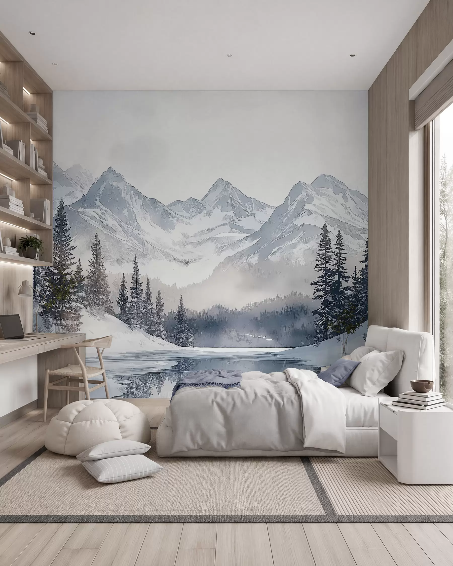 murales de pared Montañas con lago, invierno, bosque, cielo al atardecer, naturaleza w02357