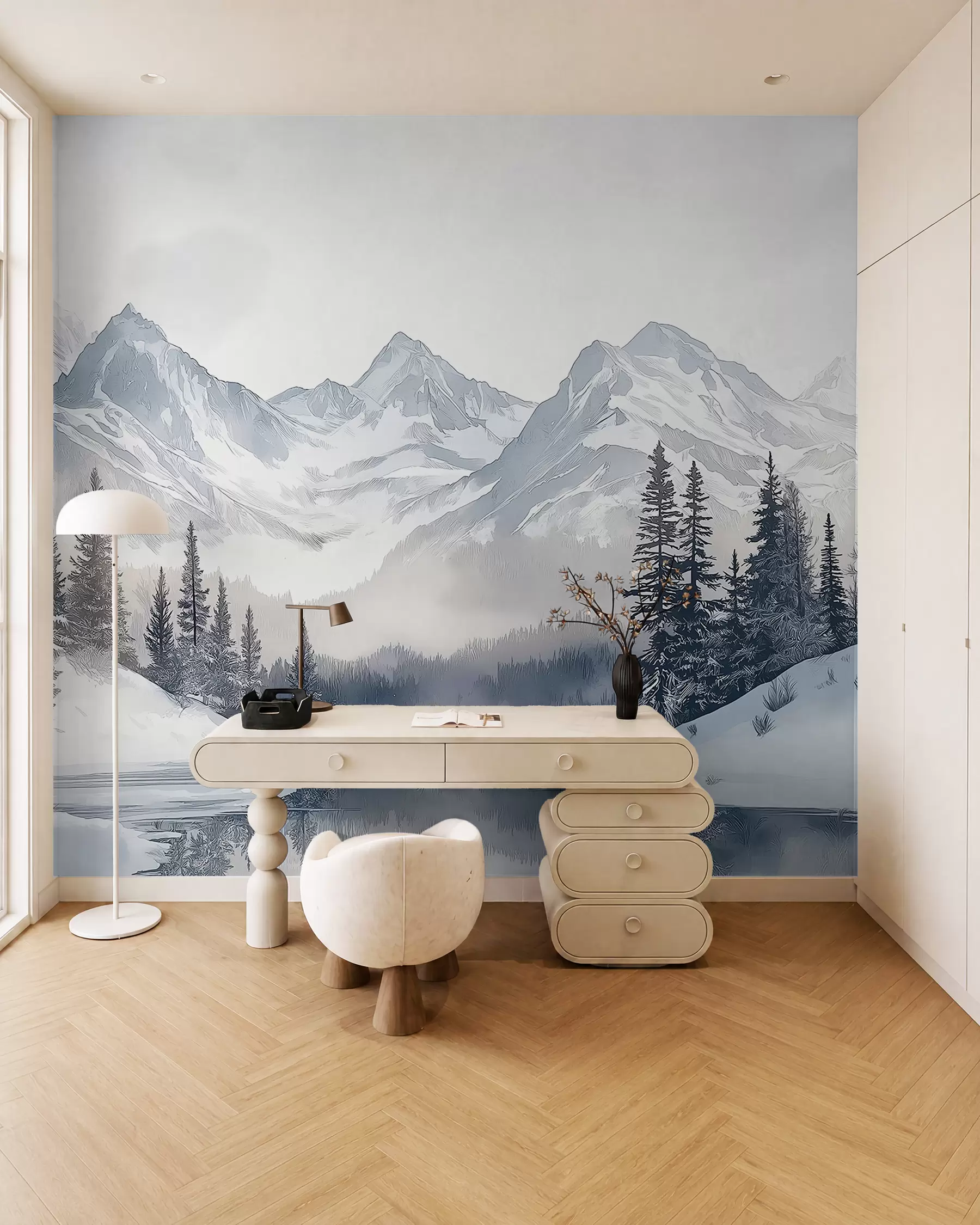 murales de pared Montañas con lago, invierno, bosque, cielo al atardecer, naturaleza w02357