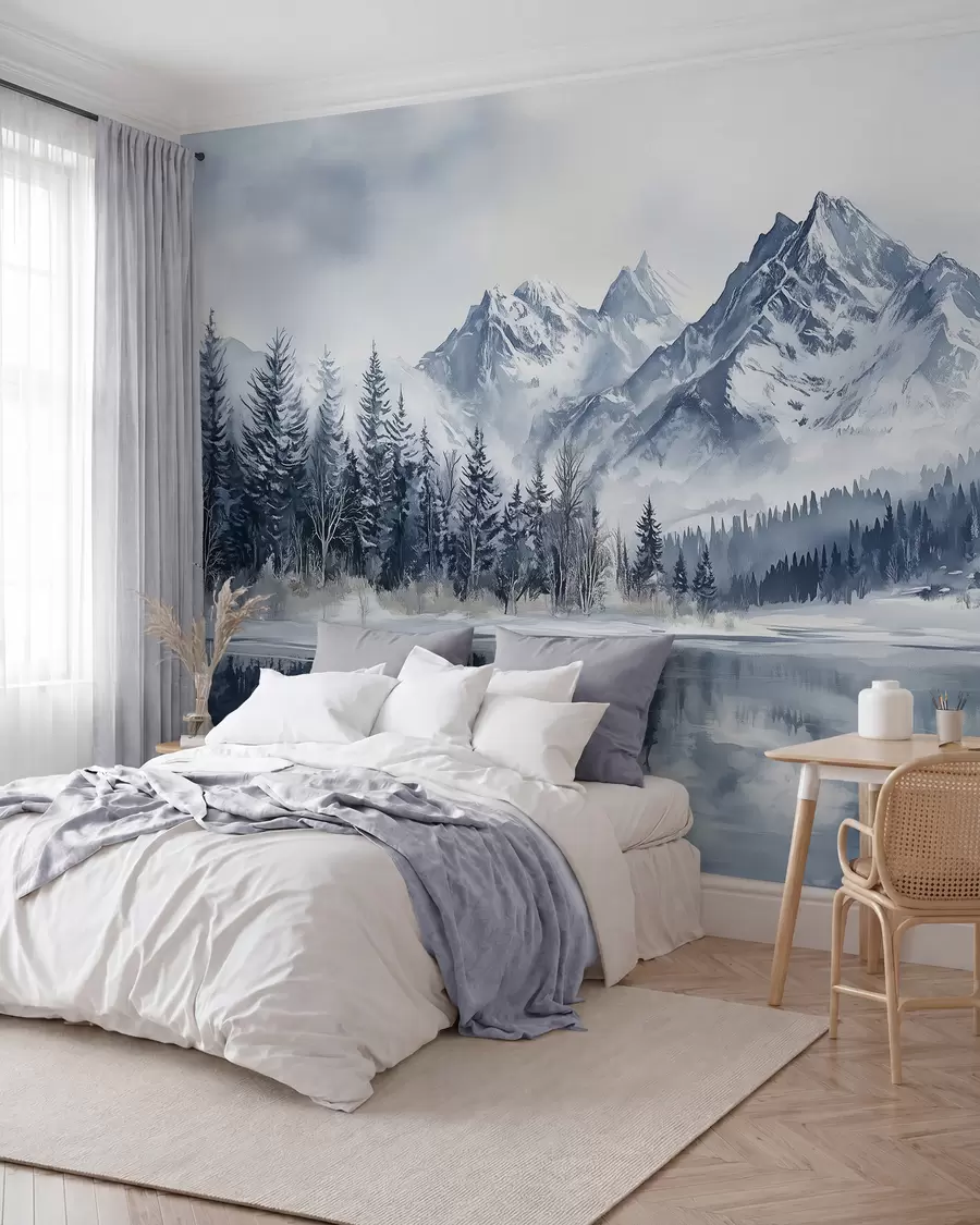 murales de pared Los Alpes nevados, bosque invernal, lago helado, paleta de colores azules  w02358