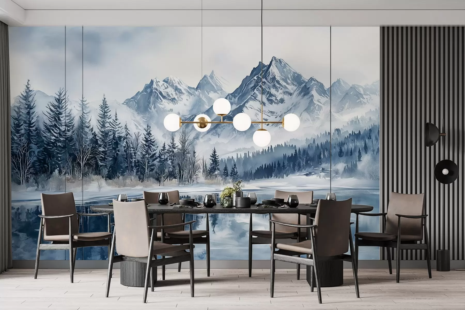 murales de pared Los Alpes nevados, bosque invernal, lago helado, paleta de colores azules  w02358