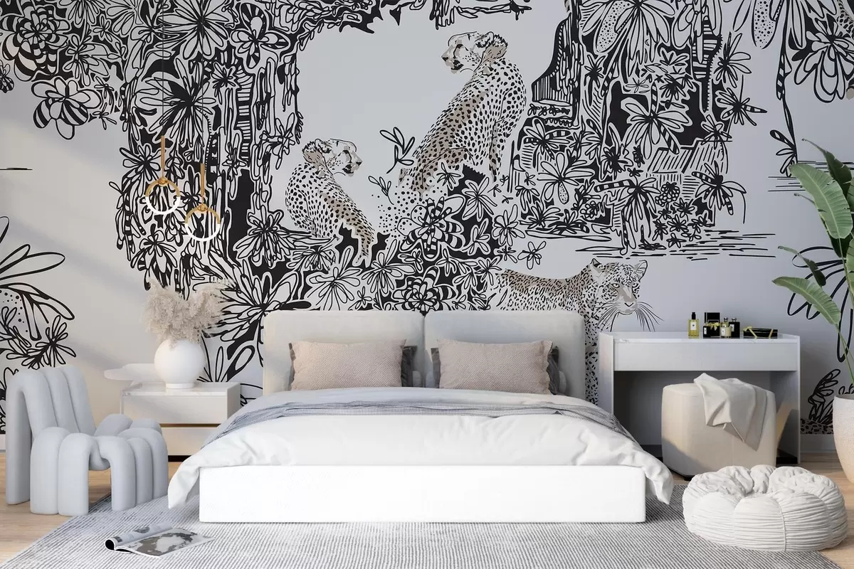 murales de pared Leopardo y árboles en tonos grises w02364v1