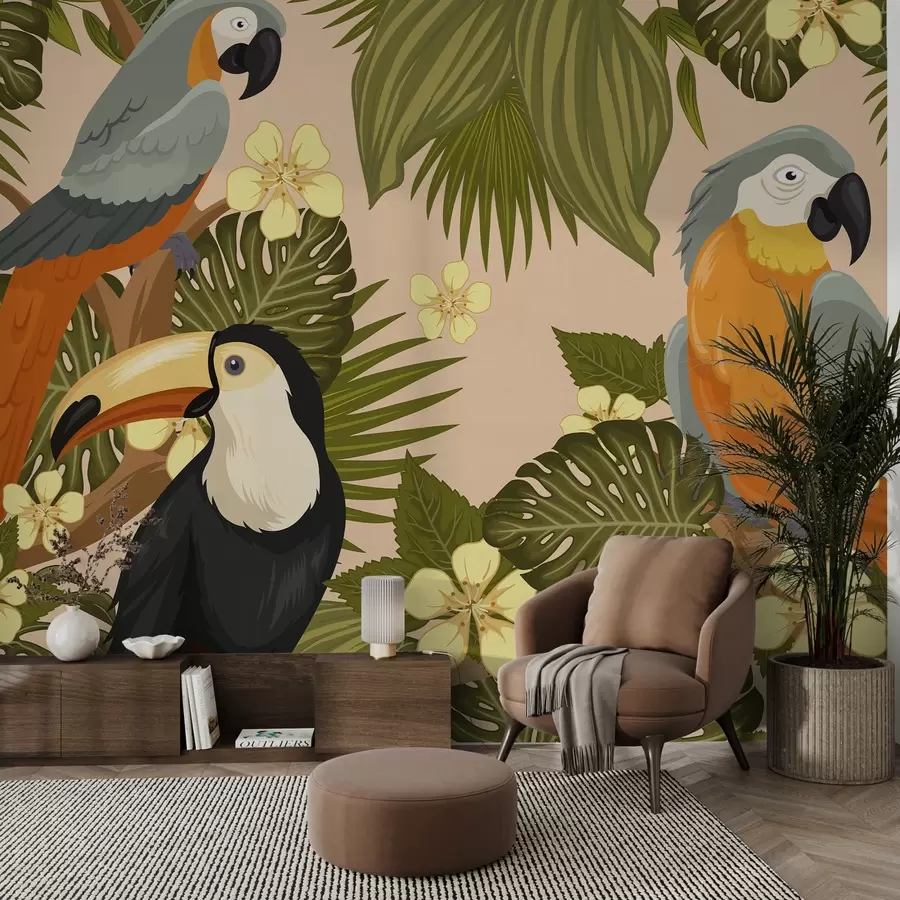 Murales de pared Brillantes loros y tucanes en amarillo w02365 murales de pared Brillantes loros y tucanes en amarillo w02365