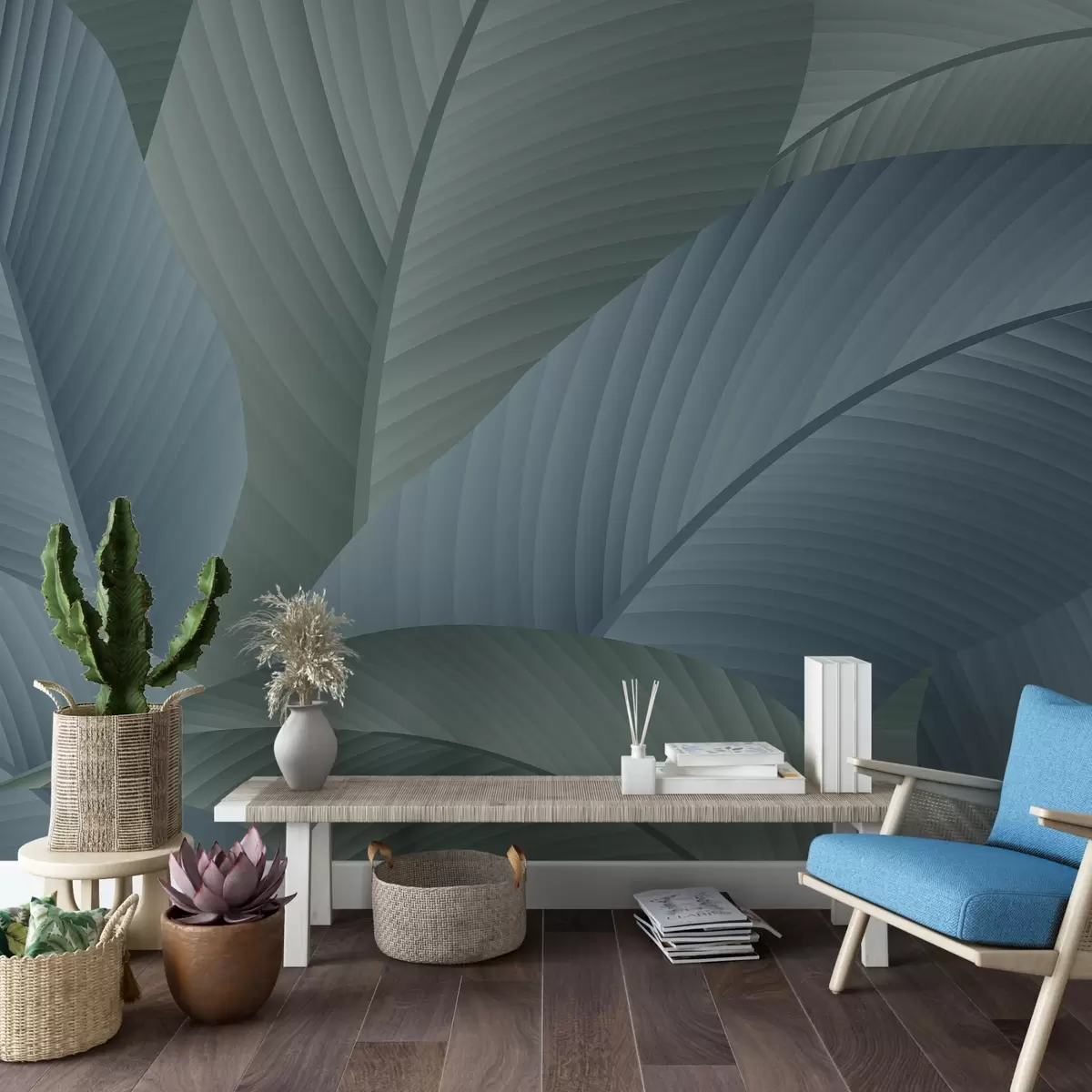 Murales de pared Hojas grandes de color azul w02366 murales de pared Hojas grandes de color azul w02366