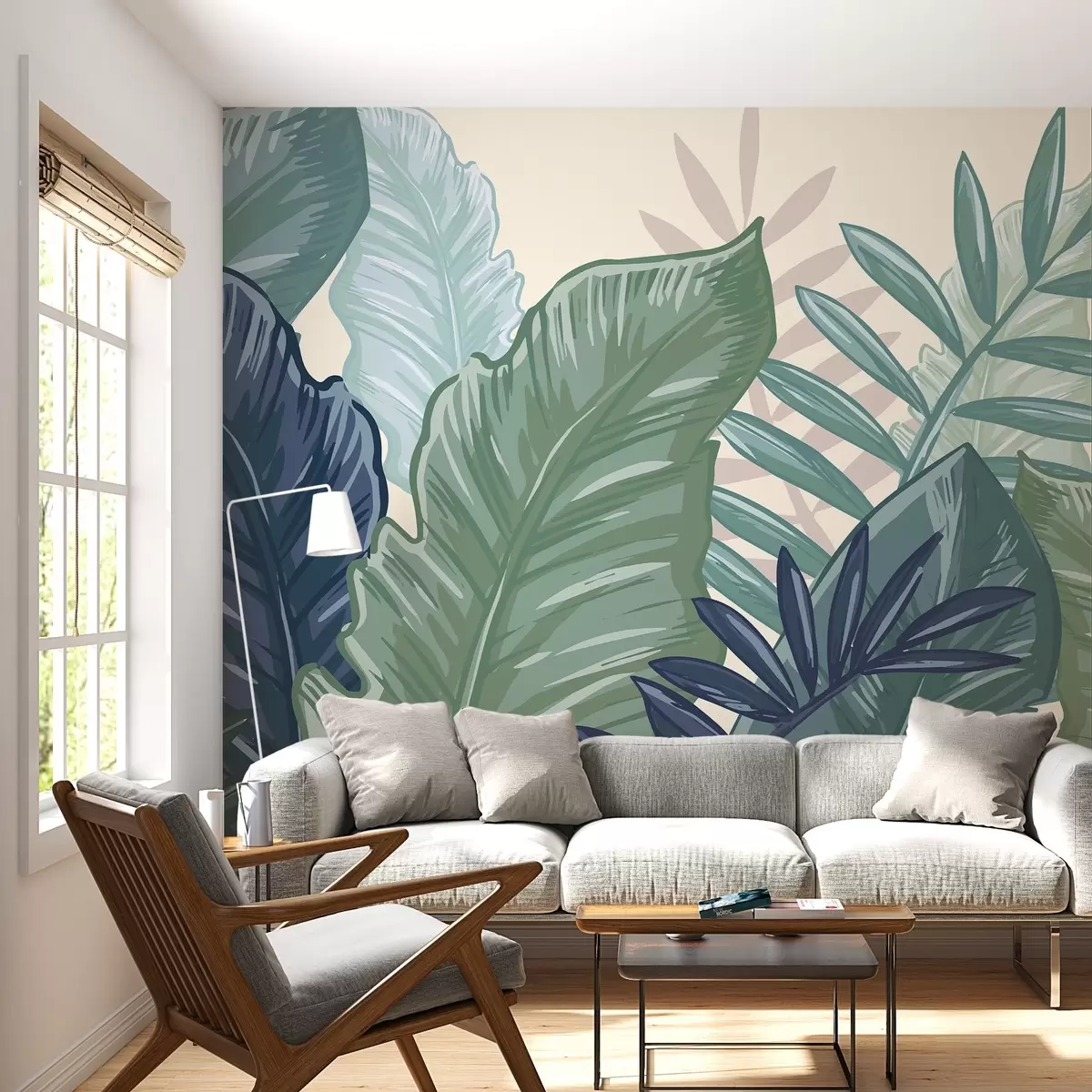 Murales de pared Hojas tropicales con fondo beige claro w02367 murales de pared Hojas tropicales con fondo beige claro w02367