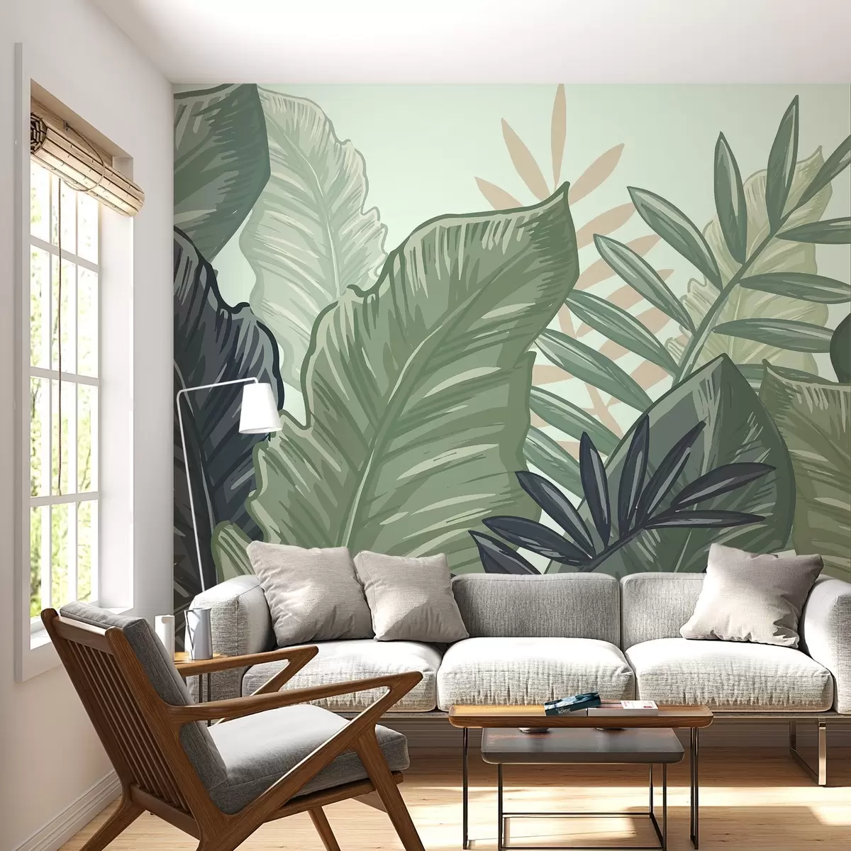 Murales de pared Hojas tropicales con fondo azul claro w02367v1 murales de pared Hojas tropicales con fondo azul claro w02367v1