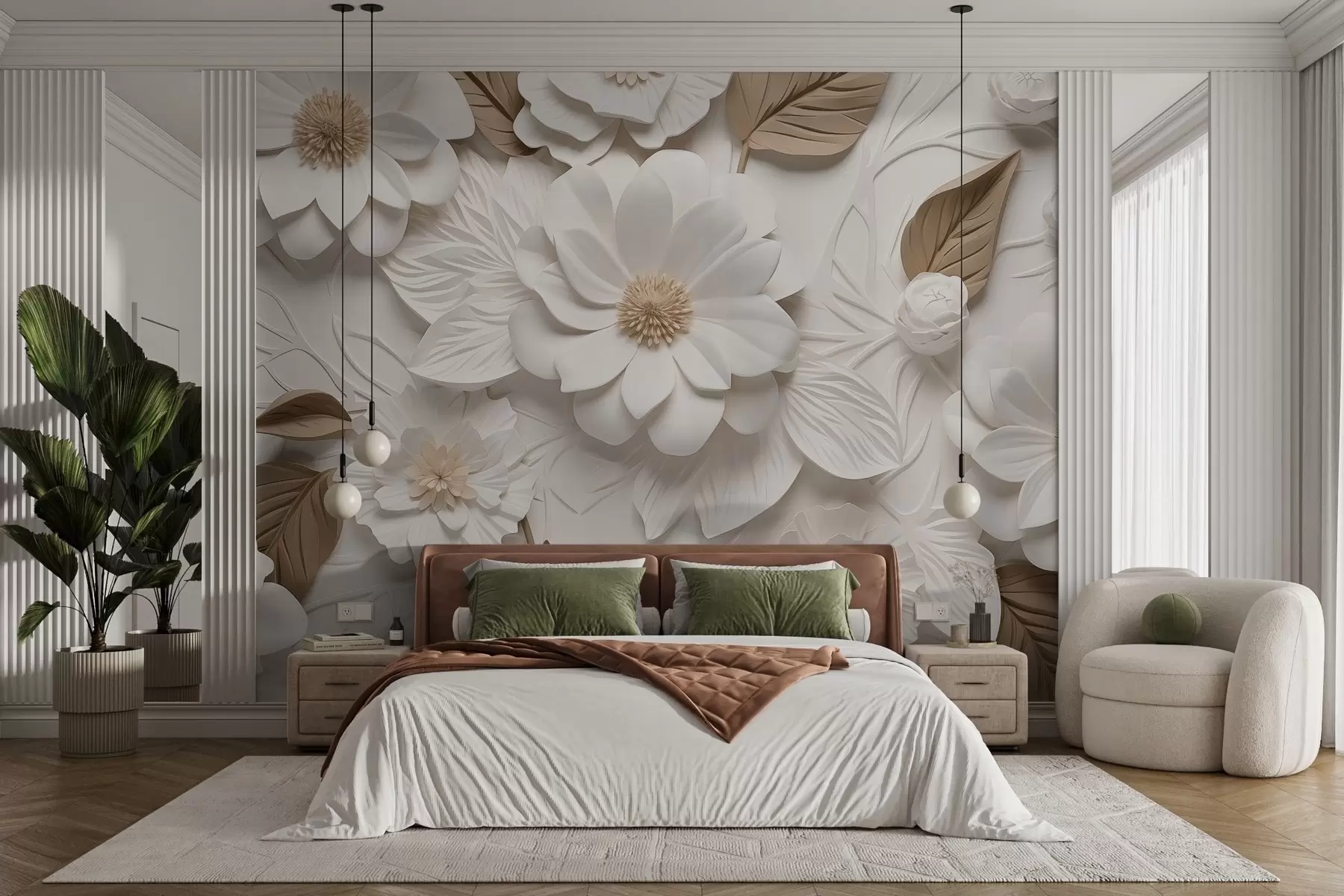 murales de pared Flores volumétricas de yeso en dos colores w02006