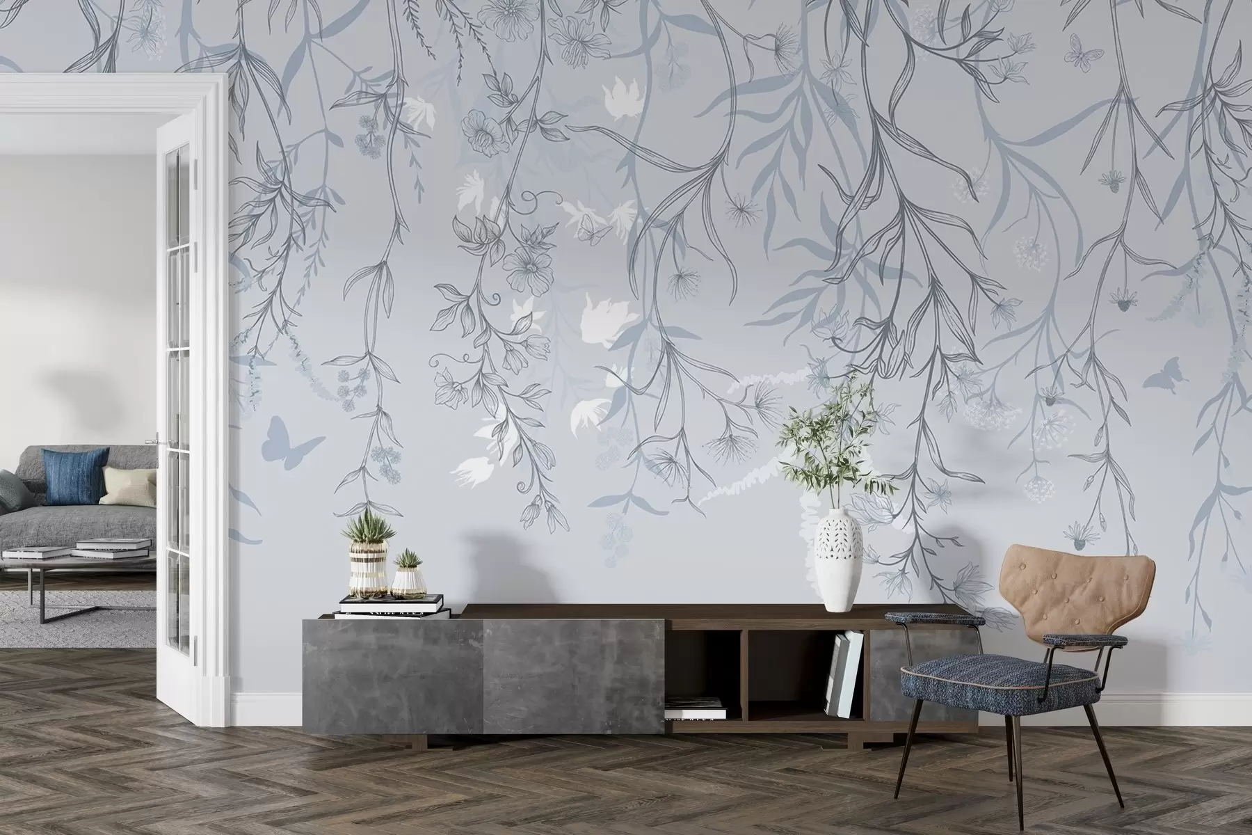 murales de pared Delgadas flores lineales que cuelgan de la montaña w02007v1