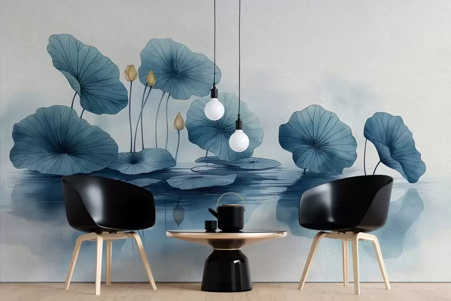 murales de pared Hojas de loto sobre agua en un muro de hormigón w02011