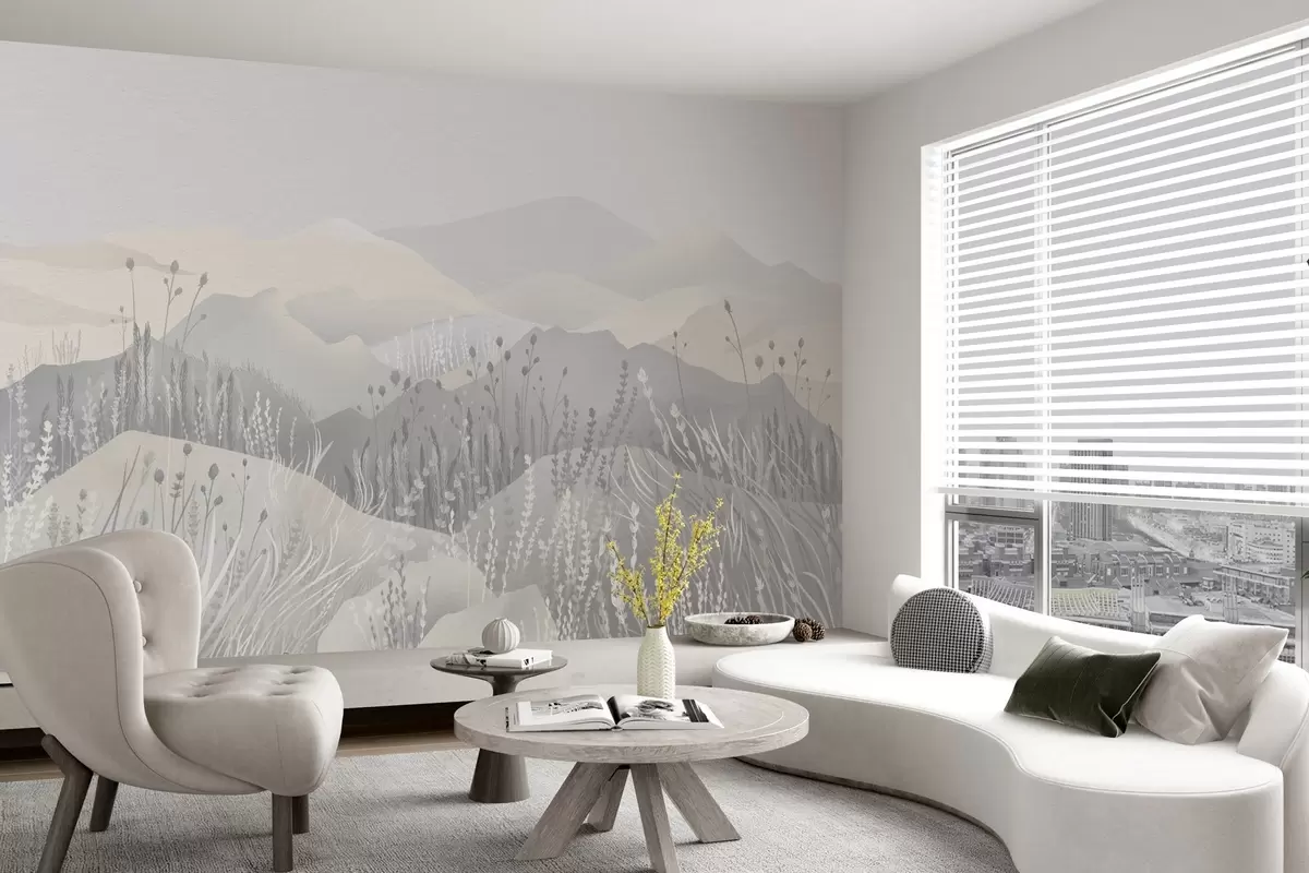 Murales de pared Montañas brumosas y hierbas y flores silvestres w02317 murales de pared Montañas brumosas y hierbas y flores silvestres w02317