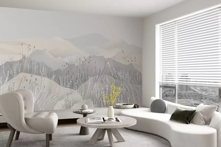 Murales de pared Montañas brumosas y hierbas y flores silvestres w02317 murales de pared Montañas brumosas y hierbas y flores silvestres w02317