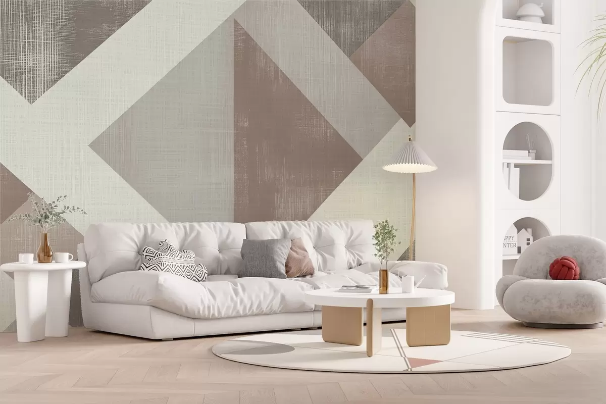 Murales de pared Moderno diseño geométrico de papel pintado con formas superpuestas en suaves tonos beige, verde y gris w02341v1 murales de pared Moderno diseño geométrico de papel pintado con formas superpuestas en suaves tonos beige, verde y gris w02341v1