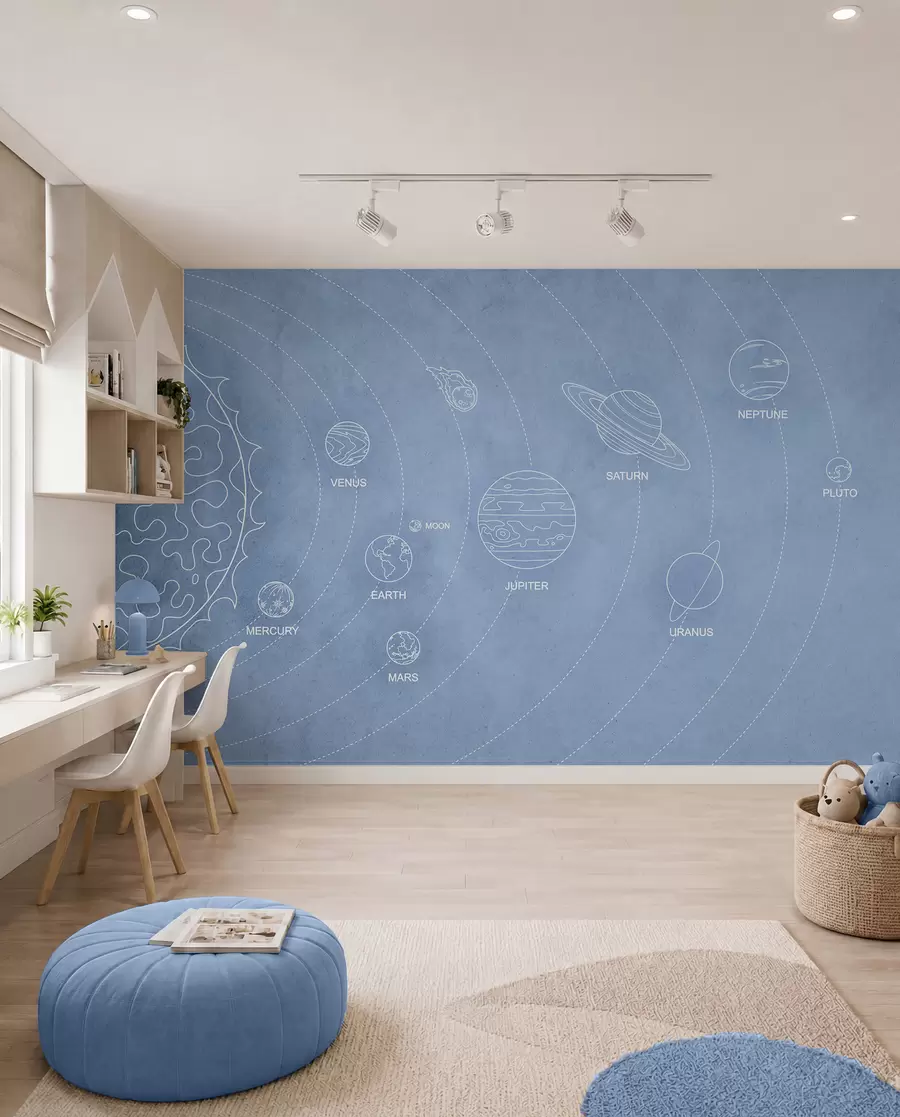 murales de pared Sistema solar en estilo minimalista sobre fondo azul texturado w02344v1