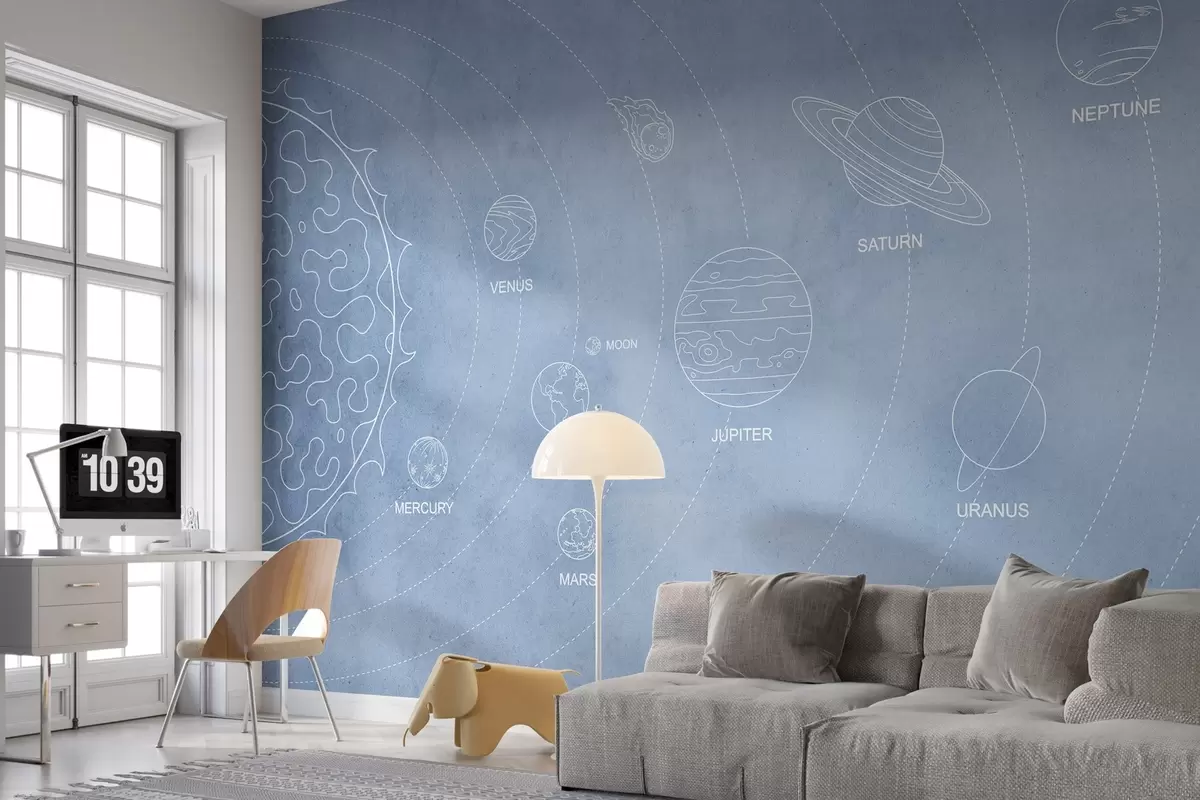 murales de pared Sistema solar en estilo minimalista sobre fondo azul texturado w02344v1