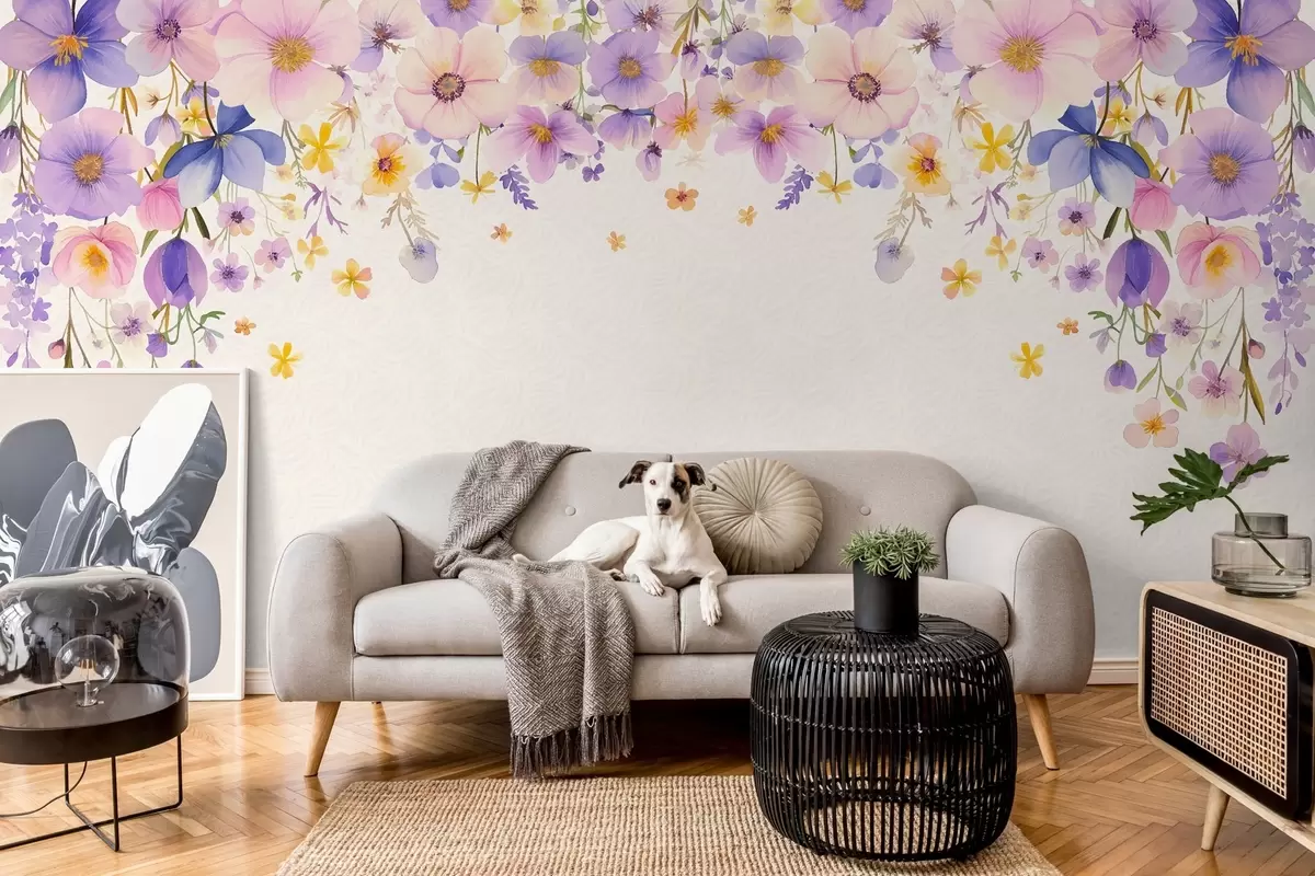Murales de pared Delicado arreglo floral con flores de acuarela en suaves tonos pastel de rosa, morado y amarillo. Las flores caen suavemente en cascada desde arriba, dejando un ligero fondo estampado debajo. w02345 murales de pared Delicado arreglo floral con flores de acuarela en suaves tonos pastel de rosa, morado y amarillo. Las flores caen suavemente en cascada desde arriba, dejando un ligero fondo estampado debajo. w02345
