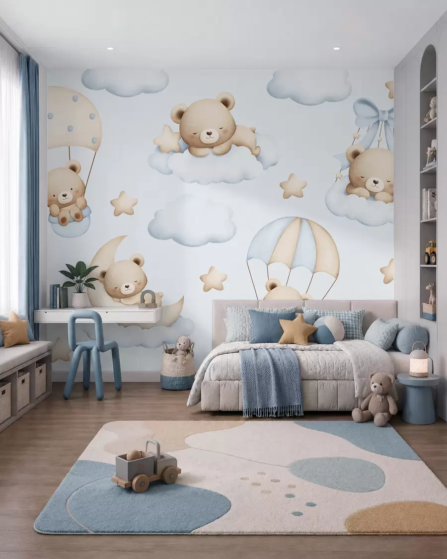 murales de pared Osos en paracaídas y nubes sobre fondo azul w02385