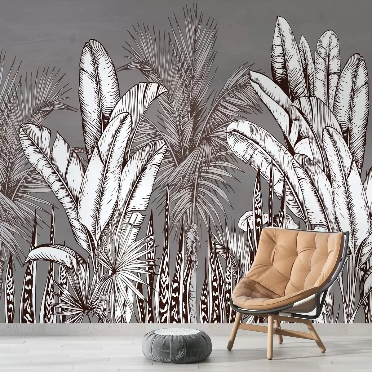 Murales de pared Patrón con hojas tropicales sobre fondo gris w02299 murales de pared Patrón con hojas tropicales sobre fondo gris w02299