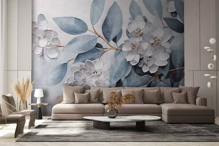 Murales de pared Delicadas flores blancas con hojas de color verde grisáceo sobre un fondo suave y apagado en estilo de pintura al óleo  w08437 murales de pared Delicadas flores blancas con hojas de color verde grisáceo sobre un fondo suave y apagado en estilo de pintura al óleo  w08437