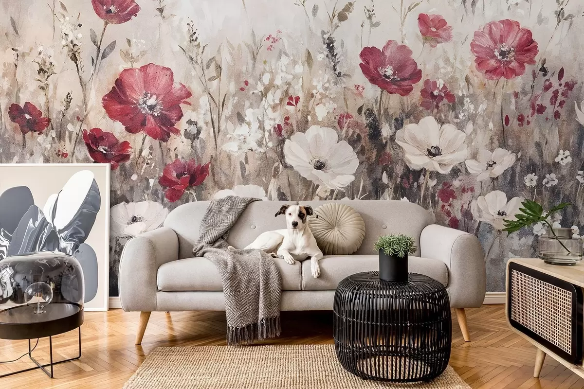 Murales de pared Un campo de vibrantes flores rojas y blancas sobre un fondo suave y brumoso en estilo de pintura al óleo w08438 murales de pared Un campo de vibrantes flores rojas y blancas sobre un fondo suave y brumoso en estilo de pintura al óleo w08438